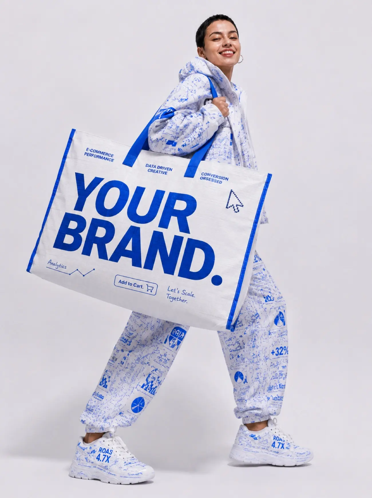 Model holding a shopping bag with Your Brand campaign text