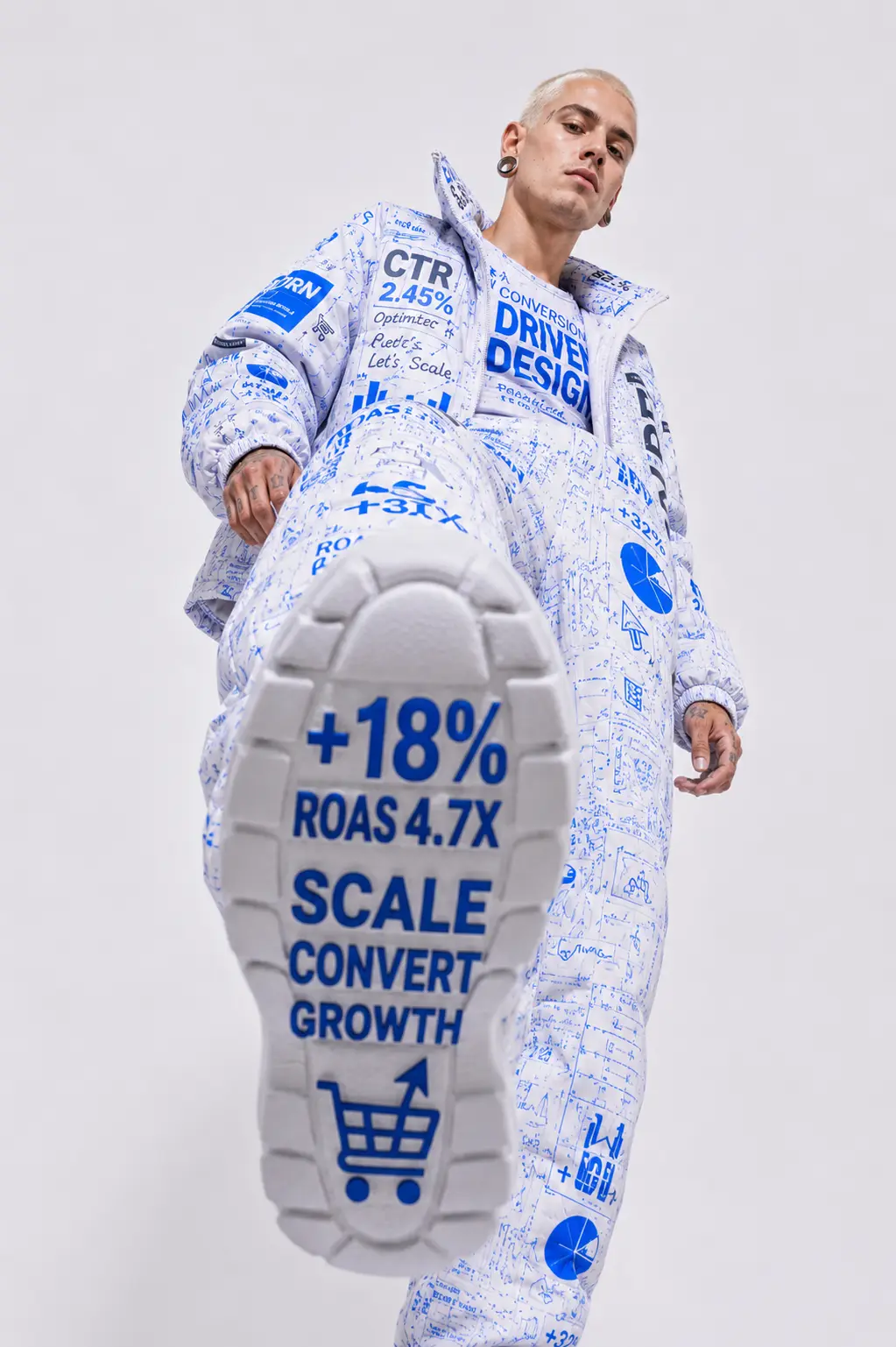 Model wearing a campaign outfit with growth and ROAS typography